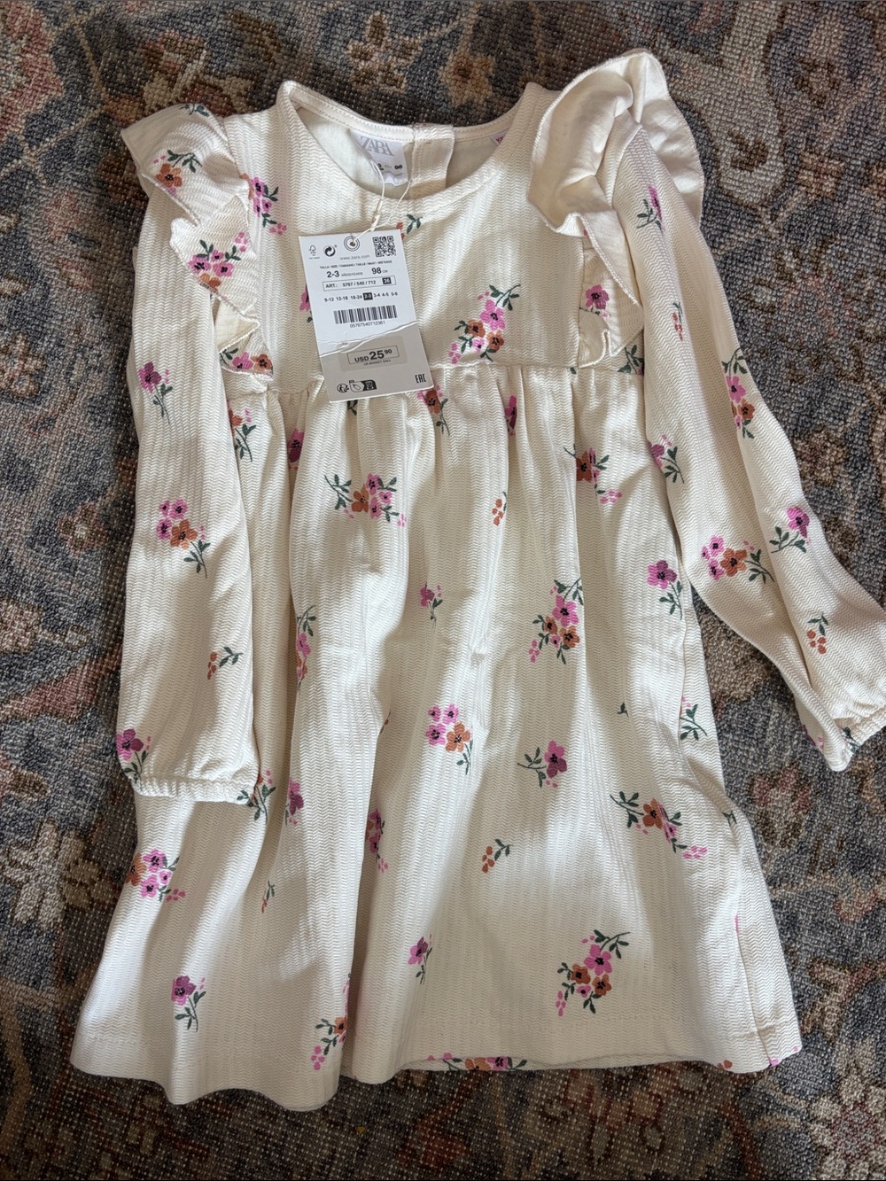 Zara Cream Long-Sleeve Floral Dress with Pink Accents